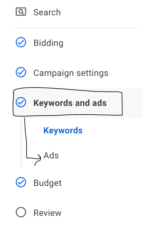 Google Ads Keywords and Ads section. Arrow pointing to click Ads.