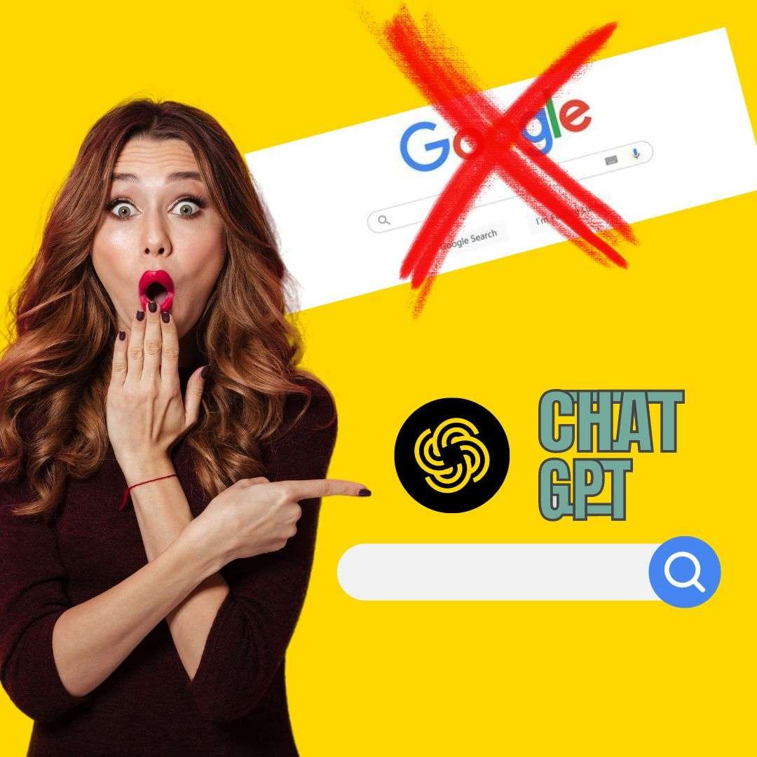 Person pointing to the ChatGPT logo with a crossed-out Google search bar on a yellow background